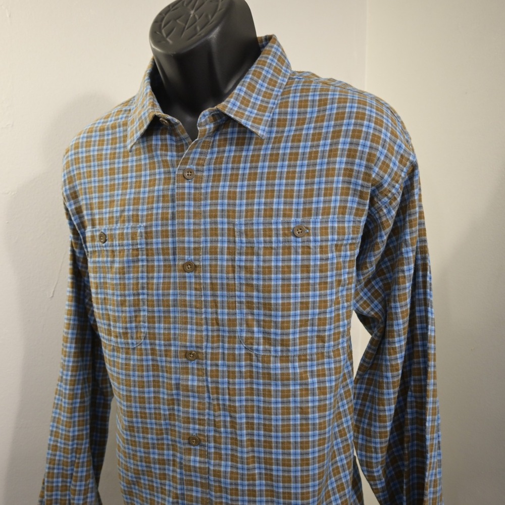 Patagonia Button Up Mens Large Regular Brown Blue Plaid Organic Cotton Hiking